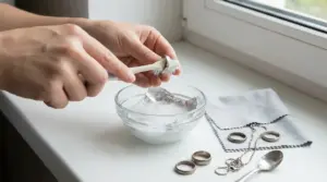 Mani che puliscono un anello d’argento con uno spazzolino sopra una ciotola, con altri gioielli sul tavolo