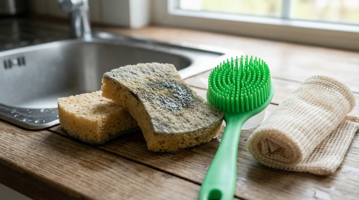 Spugne per piatti usurate vicino al lavello, con spazzola in silicone verde e panno arrotolato come alternativa igienica