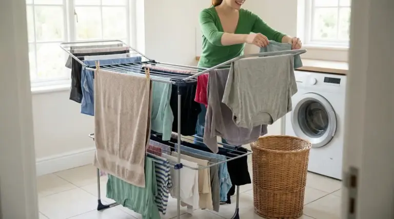 Persona stende i panni su uno stendino in casa vicino alla lavatrice, per asciugarli più velocemente senza asciugatrice