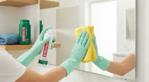 Mani con guanti che spruzzano borotalco e puliscono uno specchio con panno in microfibra in bagno