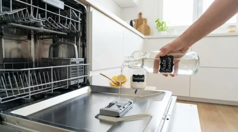 Versare aceto bianco nello scomparto della lavastoviglie come alternativa naturale al brillantante