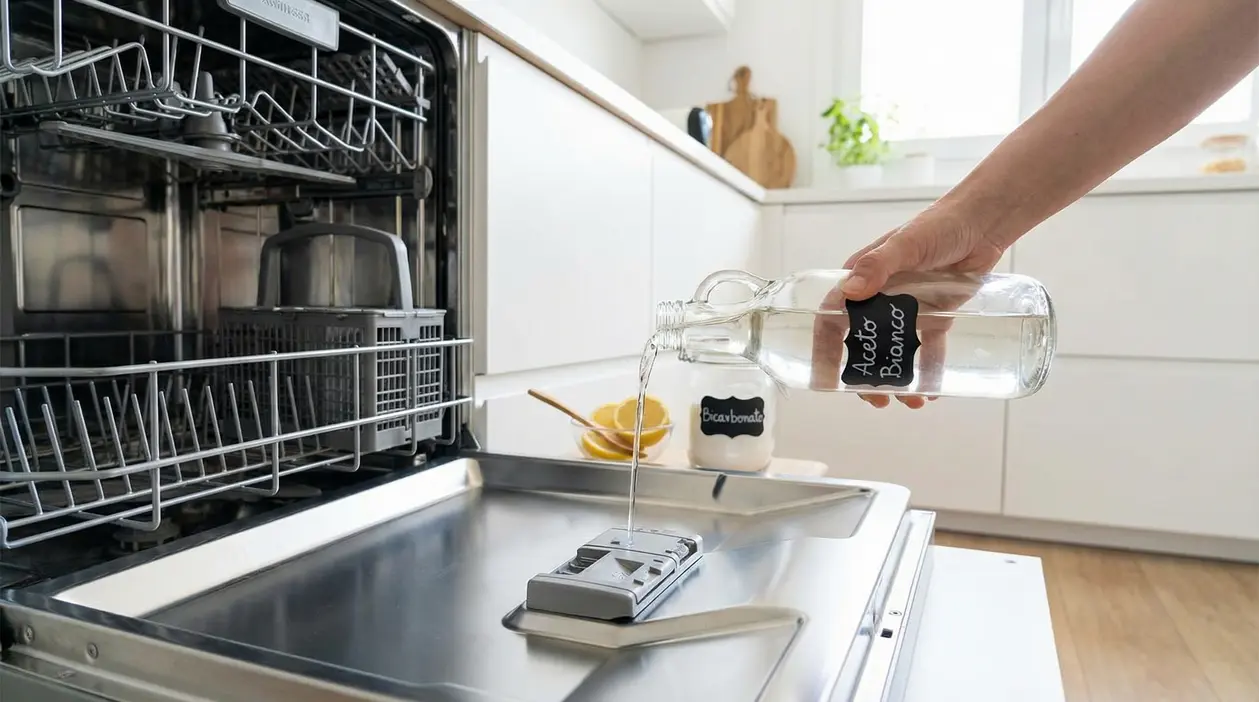 Versare aceto bianco nello scomparto della lavastoviglie come alternativa naturale al brillantante