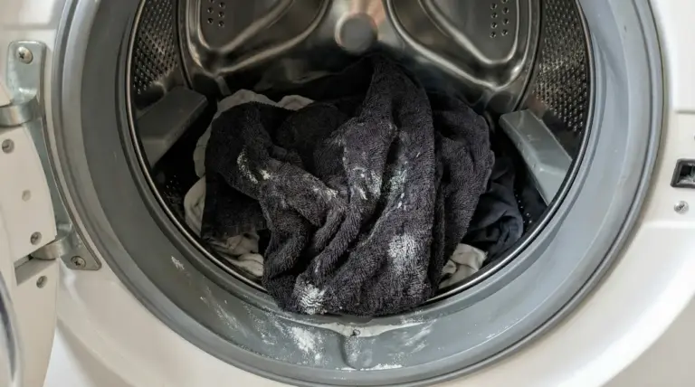 Cestello della lavatrice con asciugamani scuri e residui di detersivo, possibile causa di bucato duro