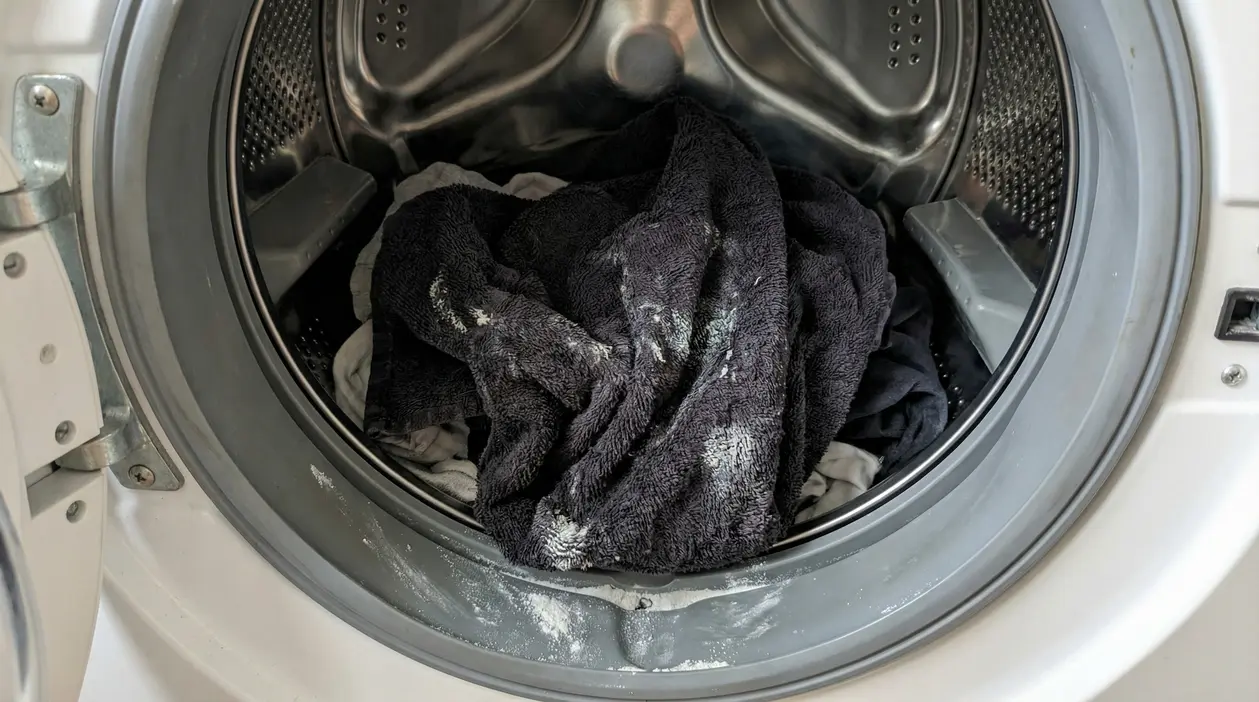 Cestello della lavatrice con asciugamani scuri e residui di detersivo, possibile causa di bucato duro