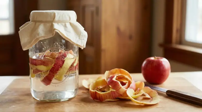 Barattolo di vetro con bucce di mela in acqua, coperto con un panno, su un tagliere in cucina