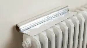 Rotolo di carta stagnola posato su un termosifone bianco per riflettere il calore e ridurre i consumi