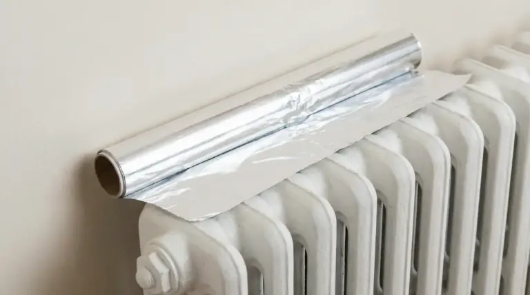 Rotolo di carta stagnola posato su un termosifone bianco per riflettere il calore e ridurre i consumi