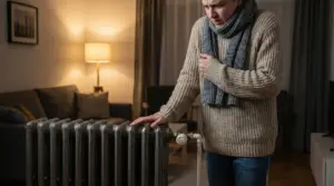 Una persona con sciarpa tocca un termosifone in soggiorno per controllare se il riscaldamento scalda.