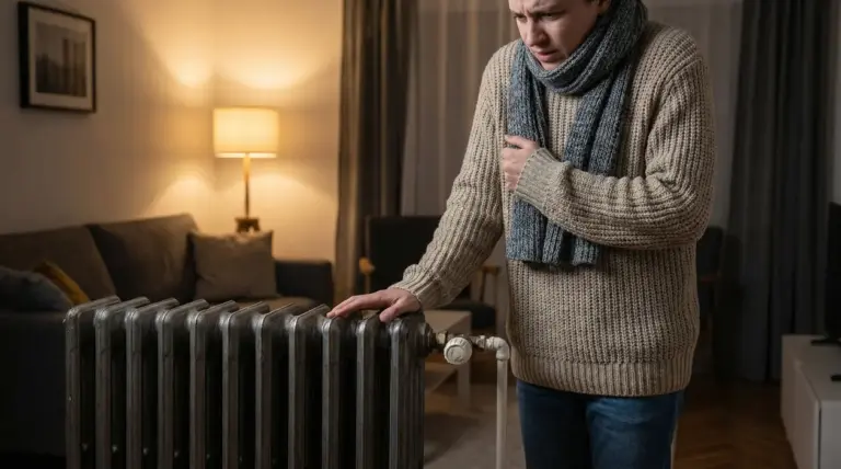Una persona con sciarpa tocca un termosifone in soggiorno per controllare se il riscaldamento scalda.
