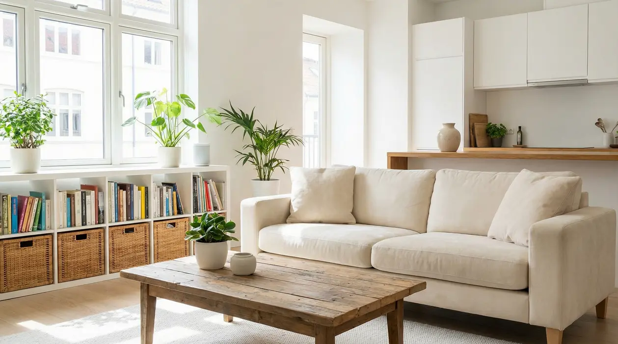 Soggiorno luminoso e ordinato con divano chiaro, tavolino in legno, libreria con ceste e piante vicino alle finestre