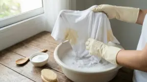 Persona con guanti lava a mano una maglietta bianca con aloni di sudore in una bacinella con acqua e schiuma