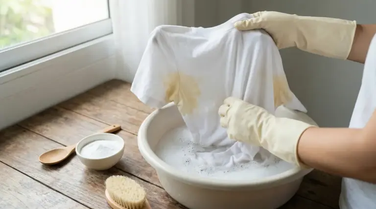 Persona con guanti lava a mano una maglietta bianca con aloni di sudore in una bacinella con acqua e schiuma