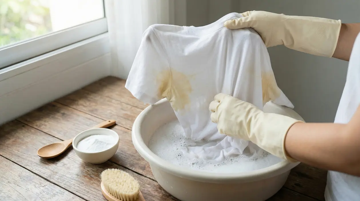 Persona con guanti lava a mano una maglietta bianca con aloni di sudore in una bacinella con acqua e schiuma