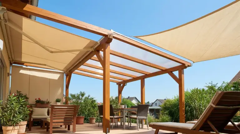 Terrazzo con pergola in legno e copertura trasparente, tende e vele ombreggianti per protezione da sole e pioggia