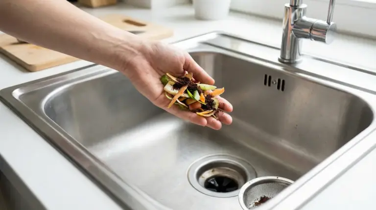 Una mano con scarti di cibo sopra un lavello in acciaio, vicino allo scarico della cucina