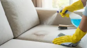 Mani con guanti gialli spruzzano detergente su un divano in tessuto con una macchia, con spazzola e panno
