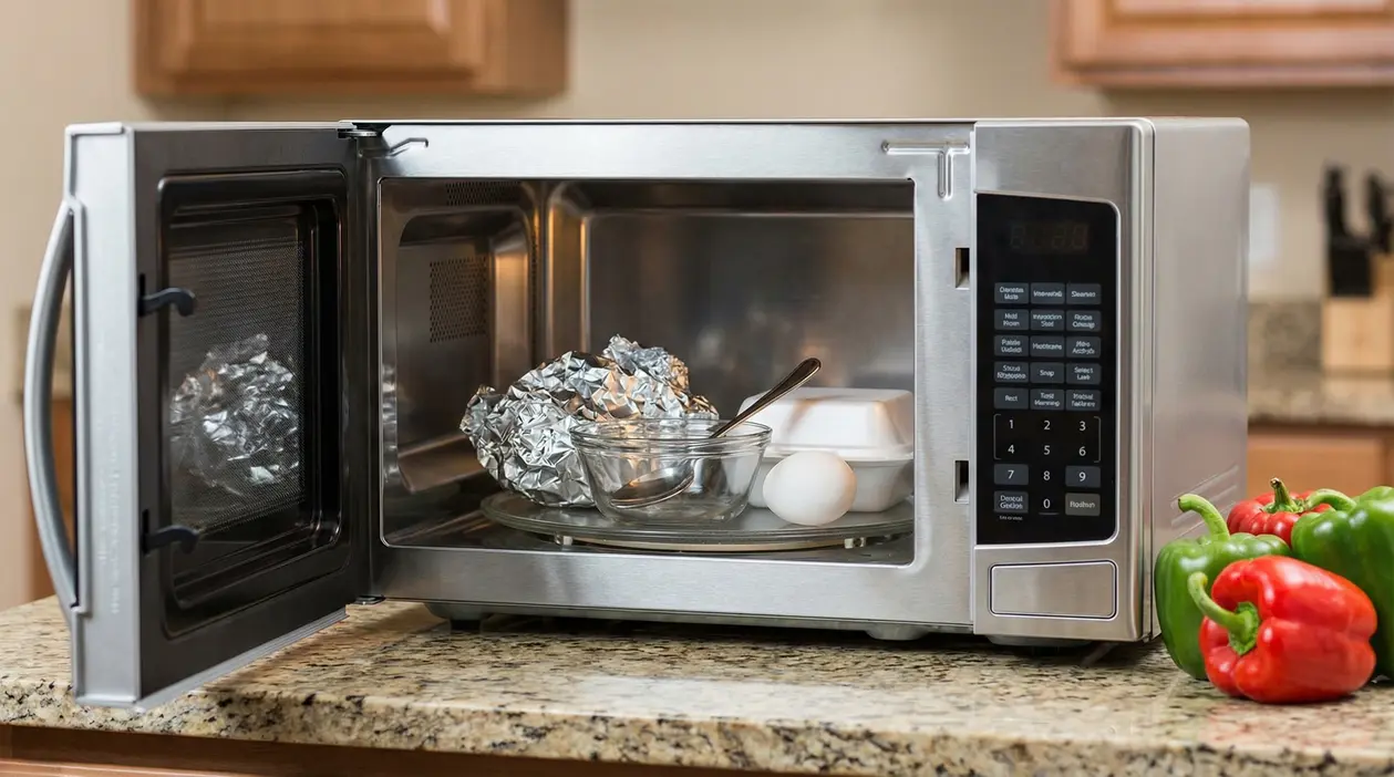 Microonde aperto con carta stagnola, ciotola di vetro con cucchiaio, uovo e contenitore in polistirolo sul piatto girevole