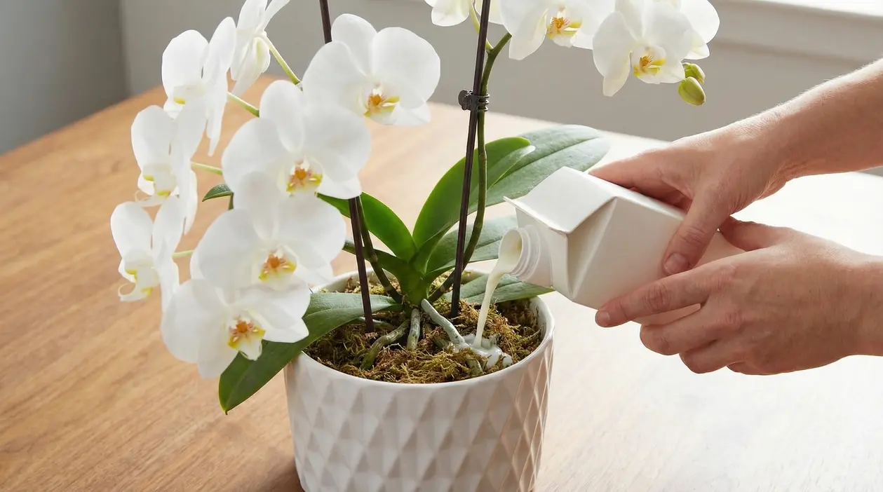 Mani che versano un liquido bianco nel vaso di un'orchidea in fiore