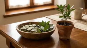 Pianta di alloro in vaso e ciotola con foglie di alloro su un tavolo vicino alla finestra