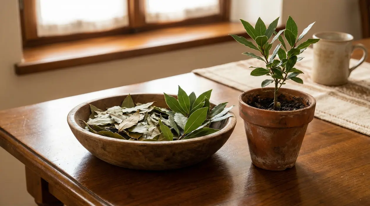 Pianta di alloro in vaso e ciotola con foglie di alloro su un tavolo vicino alla finestra