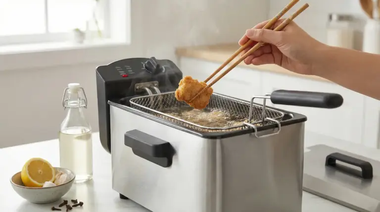 Friggitrice in cucina con mano che solleva un pezzo di fritto, accanto limone, aglio e bottiglia di aceto