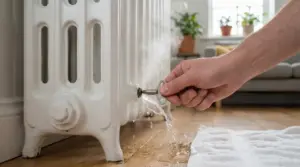 Mano che spurge un termosifone con chiave, con acqua che esce dalla valvola sul pavimento