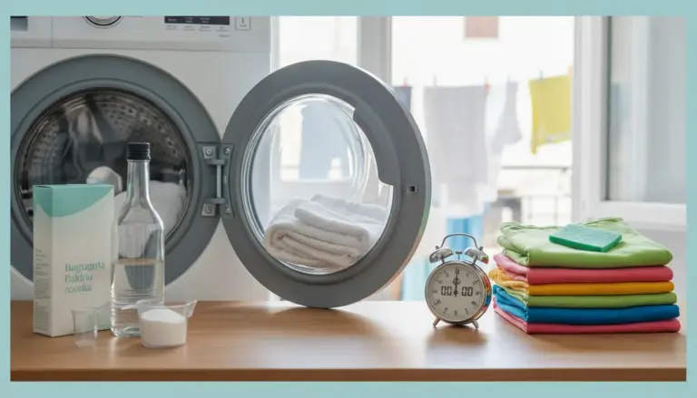 Lavatrice a carica frontale aperta con asciugamani, detersivo, bottiglia e panni piegati su un tavolo