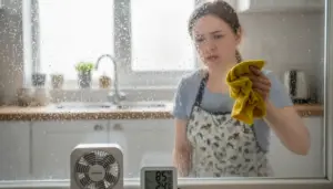 Persona pulisce una finestra della cucina appannata con un panno, con gocce di condensa sul vetro