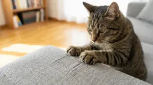 Gatto che graffia un divano in tessuto con le unghie