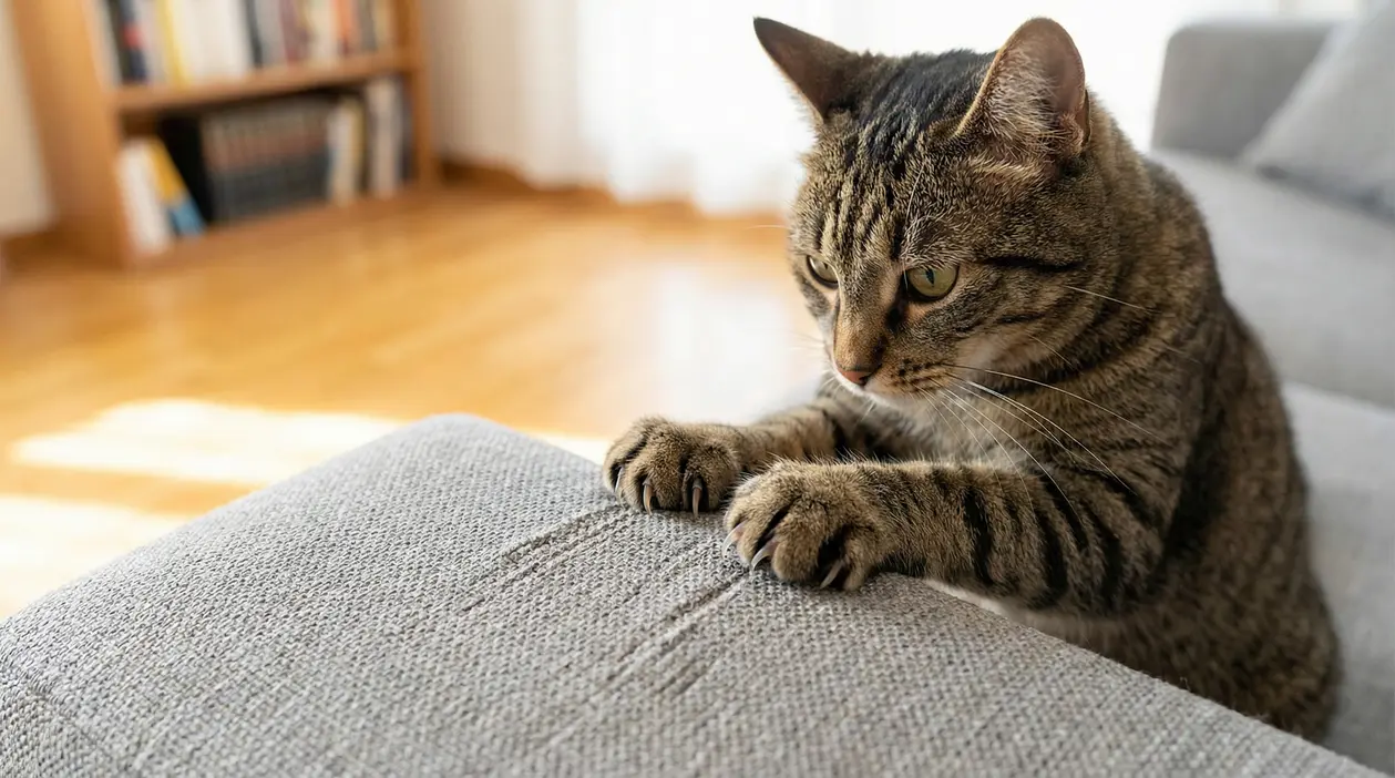 Gatto che graffia un divano in tessuto con le unghie