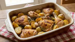 Cosce e sovracosce di pollo al forno con patate dorate e rosmarino in una teglia