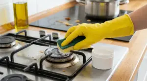 Mano con guanto giallo pulisce il fornello del piano cottura con spugna e detergente cremoso