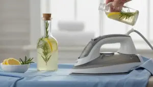 Versare acqua con limone e rosmarino nel serbatoio del ferro da stiro su una camicia azzurra
