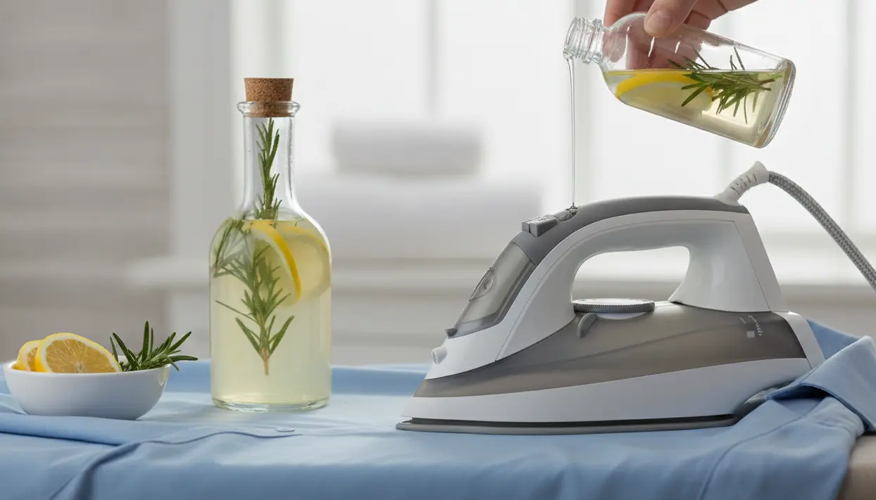 Versare acqua con limone e rosmarino nel serbatoio del ferro da stiro su una camicia azzurra