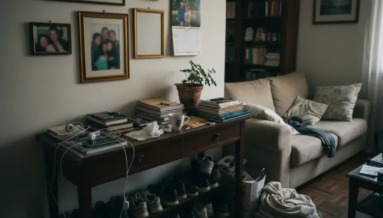 Ingresso disordinato con console piena di oggetti, scarpe a vista e foto incorniciate sulla parete vicino al divano