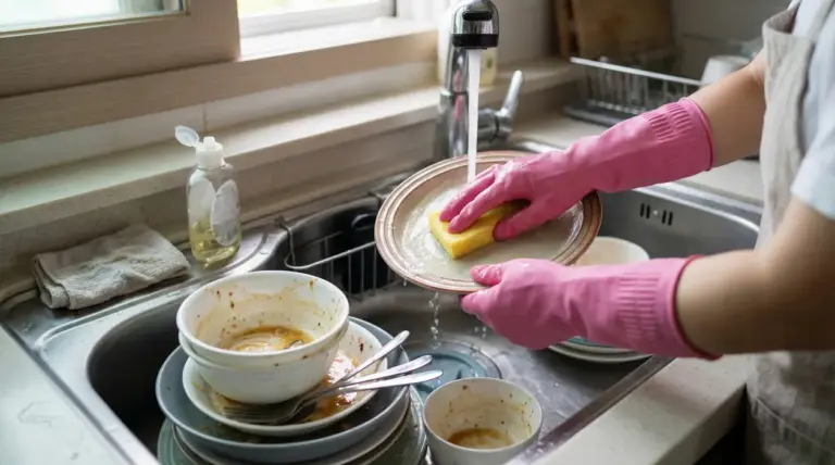 Persona con guanti rosa lava un piatto a mano nel lavello con spugna e detersivo, acqua corrente e stoviglie sporche