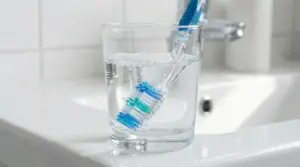 Spazzolino da denti immerso in un bicchiere d’acqua vicino al lavandino per igienizzarlo e ridurre i batteri