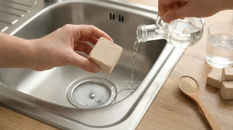 Mani vicino al lavello con un cubetto di lievito di birra e liquido versato nello scarico della cucina