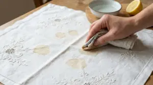 Mano che tampona macchie marroni su tovaglia antica ricamata con panno; vicino una ciotola e mezzo limone