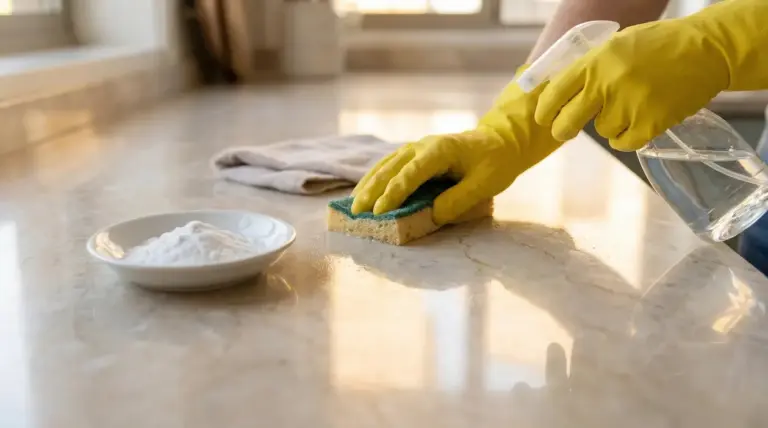 Mani con guanti gialli puliscono un piano in marmo con spugna e spruzzino, con ciotola di polvere naturale