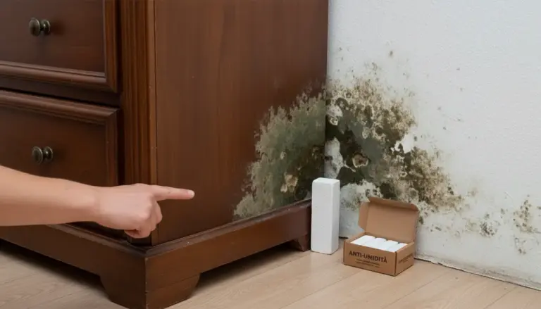Muffa nera sul muro dietro un mobile in legno, con una mano che indica e un prodotto anti-umidità a terra