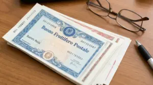 Un buono fruttifero postale su una scrivania con occhiali e penna