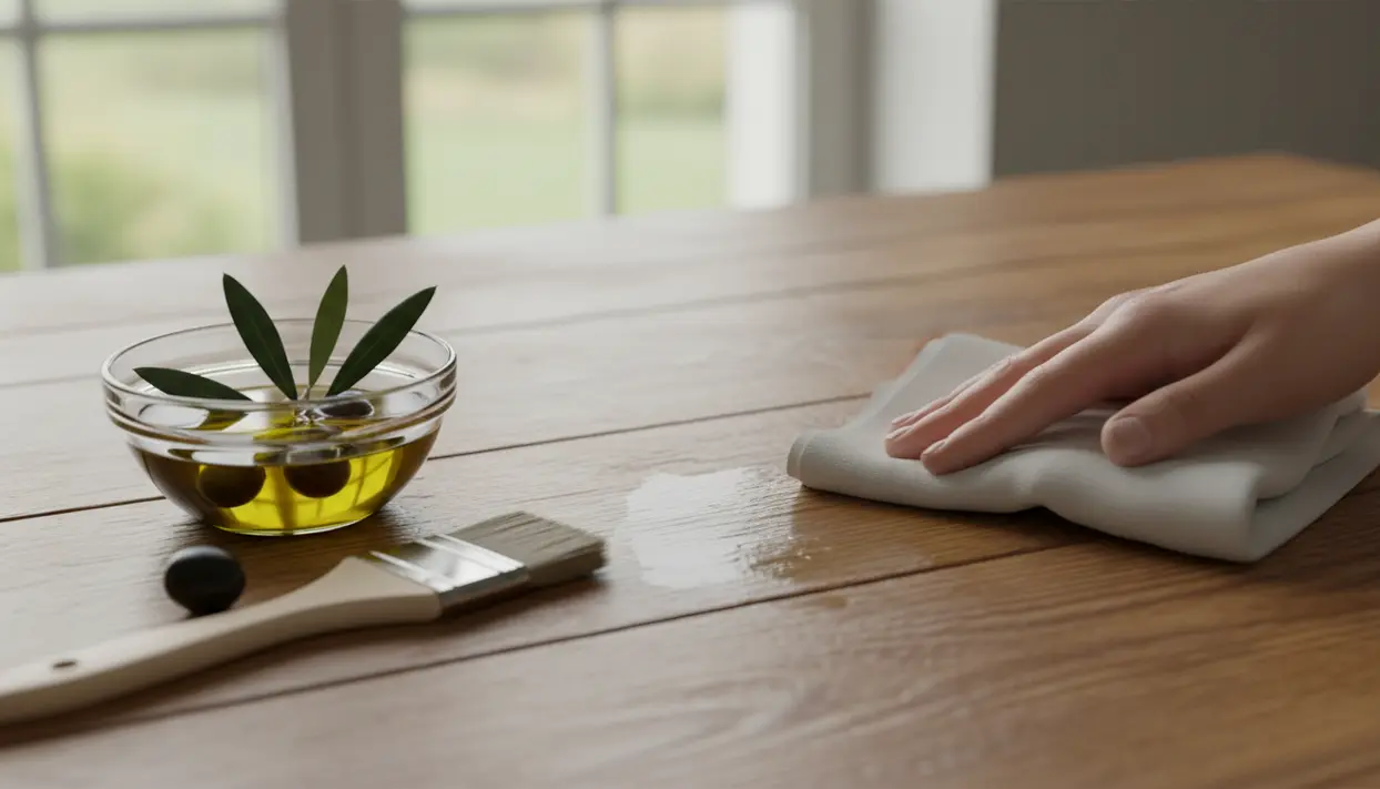 Mano che stende olio d’oliva su un tavolo in legno con panno, accanto a una ciotola d’olio e un pennello