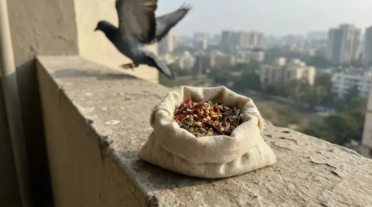 Sacchetto di spezie essiccate su un davanzale, con un piccione che vola via sullo sfondo
