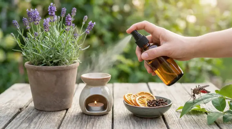 Spray naturale alla lavanda con arancia e chiodi di garofano per allontanare le zanzare all’aperto