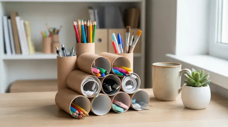 Organizer da scrivania con rotoli di carta igienica riciclati per penne, matite, cavi e pennarelli