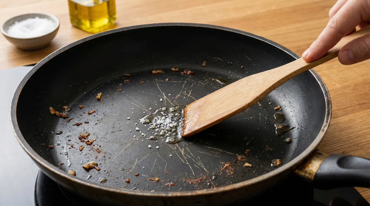 Padella antiaderente graffiata con sale e olio, mescolati con spatola di legno per ripristinare l’antiaderenza