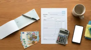 Modulo F24, assegno, contanti in euro e calcolatrice su tavolo, per il pagamento della colf o della signora delle pulizie