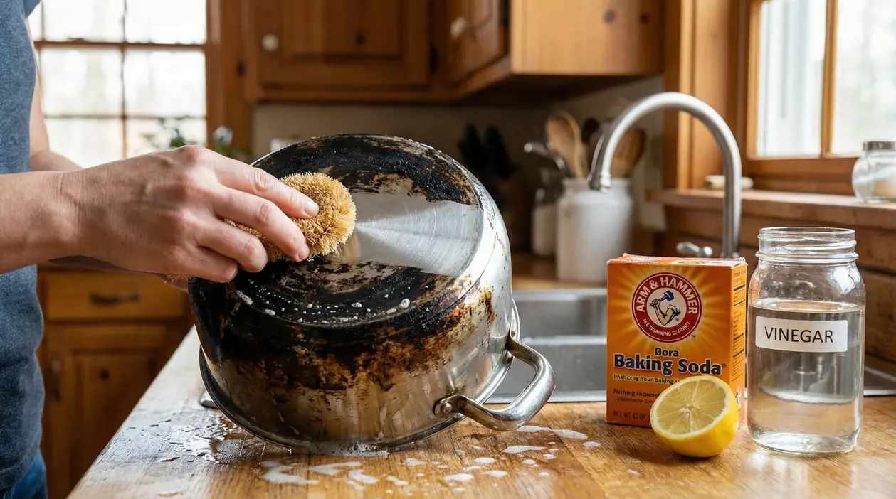 Persona che strofina il fondo di una pentola annerita con spazzola, accanto a bicarbonato, limone e aceto in cucina