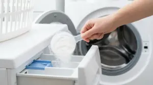 Una mano versa percarbonato di sodio nel cassetto del detersivo della lavatrice a carica frontale